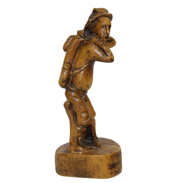 Unmarked Wooden Golfer Sitting on Bench Statue