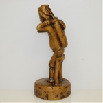 Unmarked Wooden Golfer Sitting on Bench Statue
