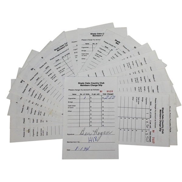 Twenty Ben Hogan Signed Shady Oaks Country Club Members Charge Slips JSA ALOA