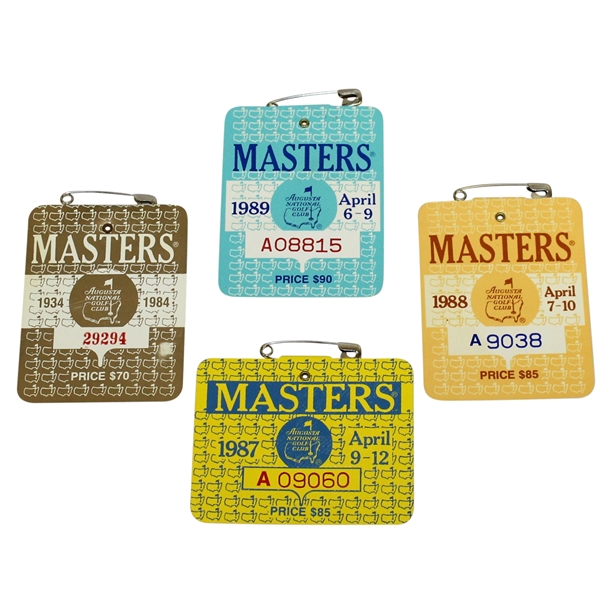 1984, 1987, 1988, & 1989 Masters Tournament Badges from Ray Floyd Collection