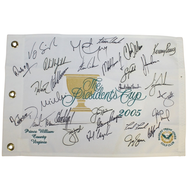 2005 Presidents Cup Flag Signed by Both Teams - Woods, Nicklaus, Mickelson, others JSA ALOA