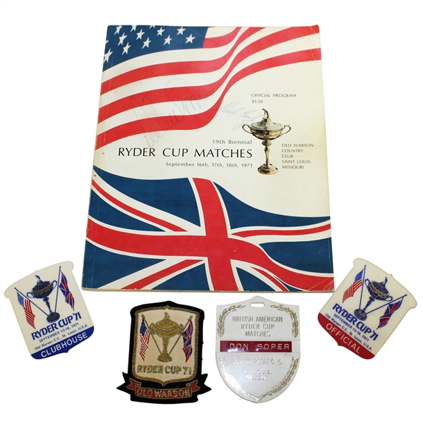 Teams Signed 1971 Ryder Cup Program with Four Badges/Crests/Shields JSA ALOA