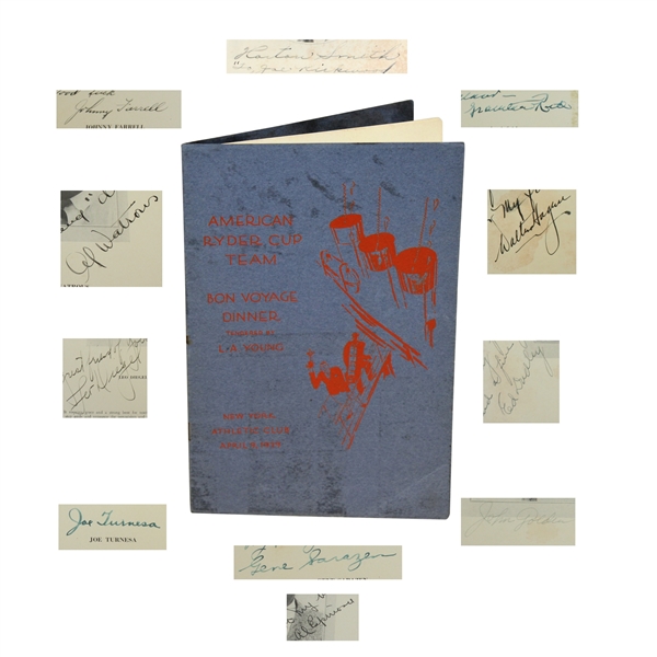 1929 Ryder Cup Bon Voyage Dinner Program Signed By Entire Team-PGA Star Joe Kirkwood Pers. Collection-JSA ALOA
