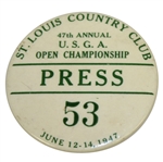 1947 US Open at St. Louis CC Press Badge #53 - Lew Worsham Winner