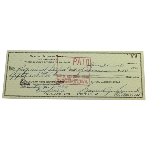Sam Snead Signed 1975 Personal Check to the PGA of America for PGA Entry Fee JSA ALOA