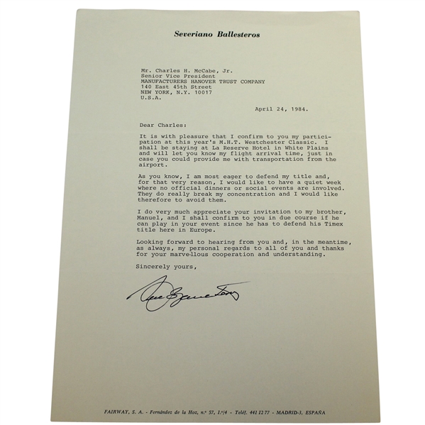 Seve (Severiano) Ballesteros Signed Typed Letter on Seve Letterhead - 1984 JSA ALOA