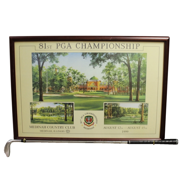 1999 PGA Championship Steve Lotus Poster with Tiger Woods Wedge Club - Framed