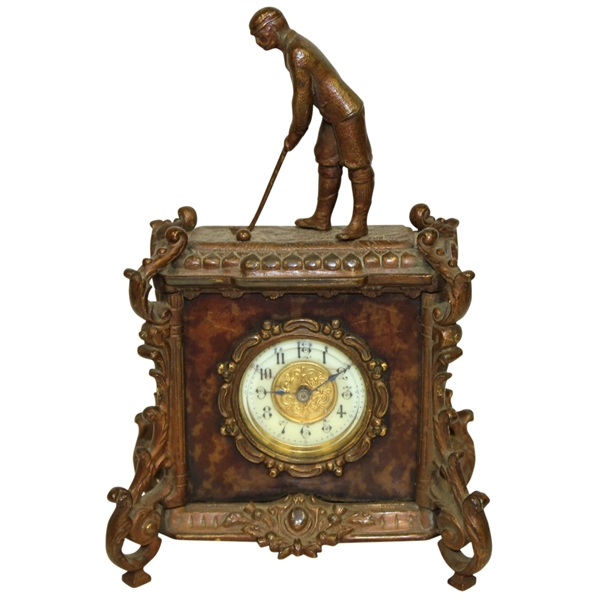 Vintage Ornate Wooden Clock with Figural Golfer