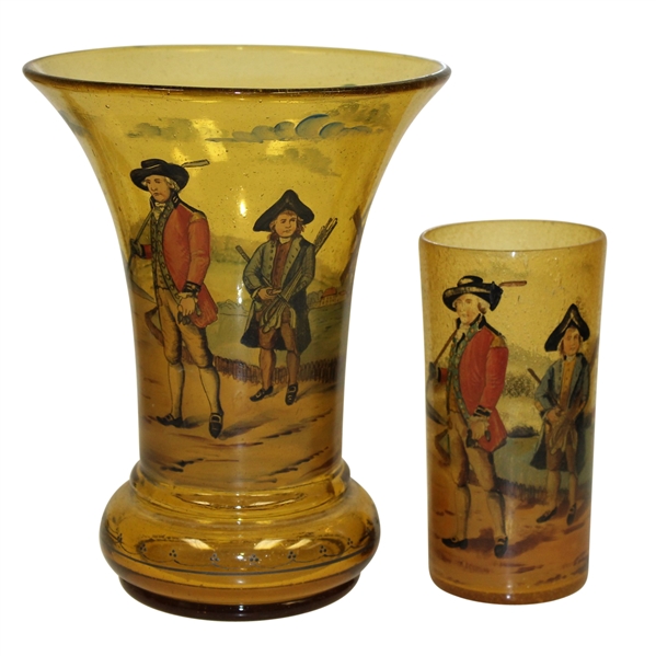 Vintage Blackheath Golfers on Copper Tone Glass Vase with Cup