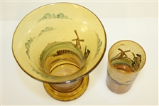 Vintage Blackheath Golfers on Copper Tone Glass Vase with Cup