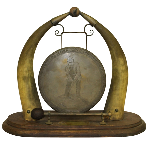 Art Deco Golf Themed Animal Horn Table Gong with Vintage Golfer - Includes Hammer