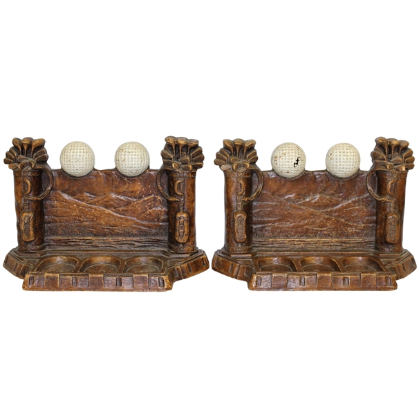Pair of Carved Wooden Golf Themed Bookends - Golf Balls, Golf Bags, & Golf Clubs