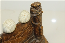 Pair of Carved Wooden Golf Themed Bookends - Golf Balls, Golf Bags, & Golf Clubs