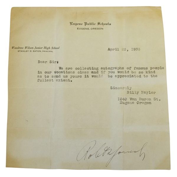 Bobby Jones Robert T. Jones, Jr. Signed 1933 Letter - Framed FULL JSA #Z90633