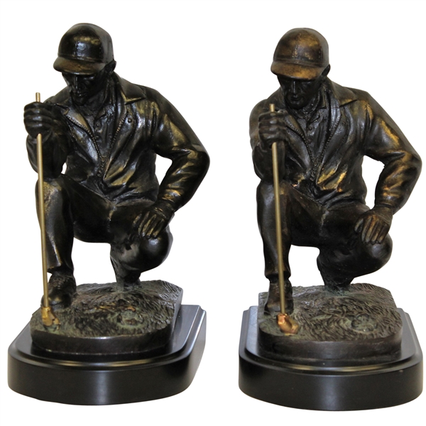 Two Crouching Lining Up the Putt Golfer Bookends - No Markings