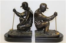Two Crouching 'Lining Up the Putt' Golfer Bookends - No Markings
