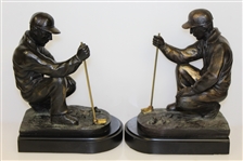 Two Crouching 'Lining Up the Putt' Golfer Bookends - No Markings