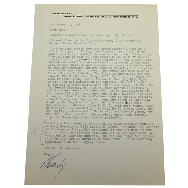 Charles Price Charley Signed Letter to Spec September 16, 1960 JSA ALOA