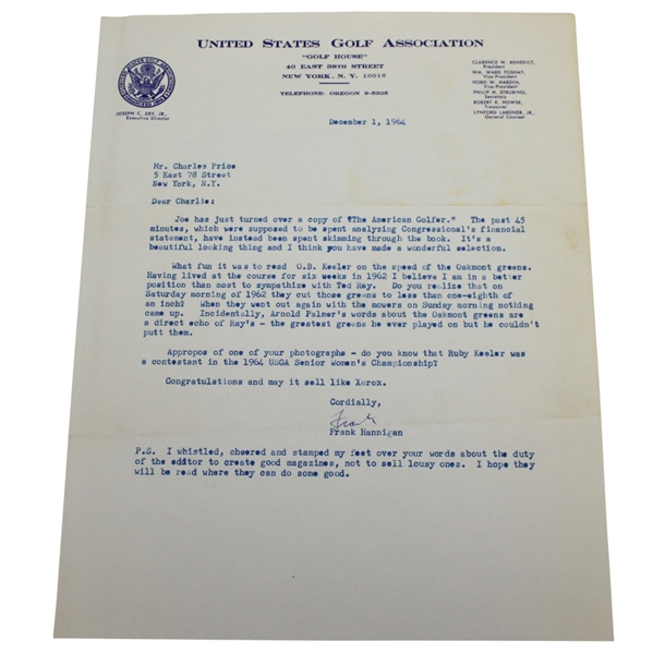 USGA Frank Hannigan Signed Letter to Charles Price December 1, 1964 JSA ALOA
