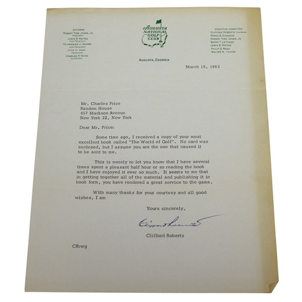 Augusta National Clifford Roberts Signed Letter to Charles Price March 18, 1963 JSA ALOA
