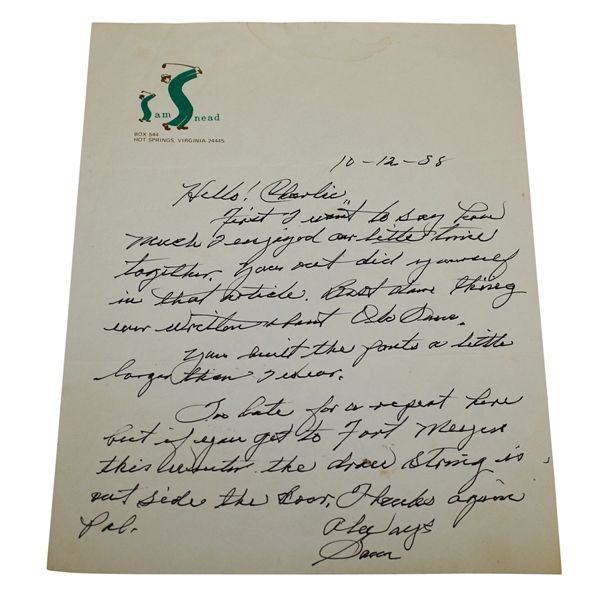 Sam Snead Signed Handwritten Letter to Charles Price October 12, 1988 JSA ALOA