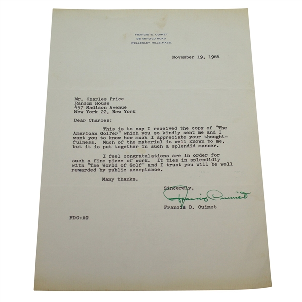 Francis Ouimet Signed Letter to Charles Price November 19, 1964 JSA ALOA
