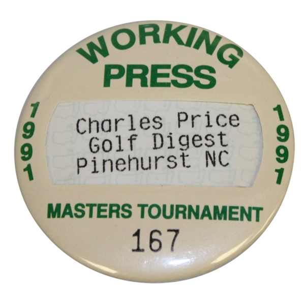 Charles Prices 1991 Masters Tournament Working Press Badge #167 - Golf Digest - Pinehurst
