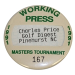 Charles Prices 1991 Masters Tournament Working Press Badge #167 - Golf Digest - Pinehurst