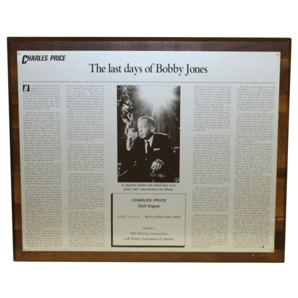 Charles Prices 1992 The Last Days of Bobby Jones GWAA First Place Plaque - Writing Competition