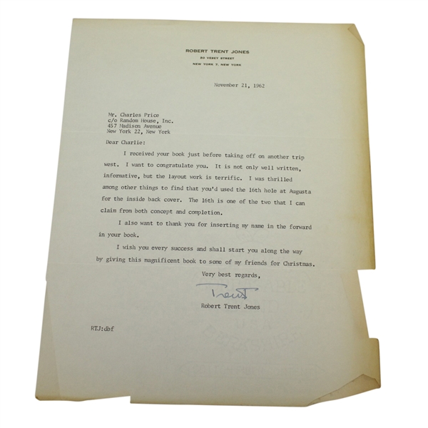 Robert Trent Jones Signed Letter to Charles Price November 21, 1962 JSA ALOA