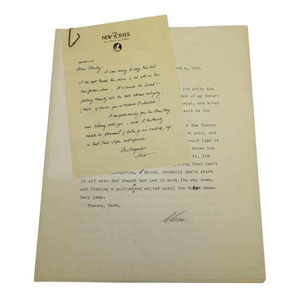 Herbert Warren Wind Signed Letter Plus Handwritten Note to Charles Price - March 6, 1954 JSA ALOA