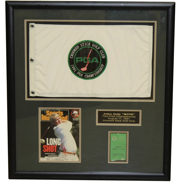 John Daly Signed Deluxe 1991 PGA Flag Ticket Display - Framed JSA #J05598