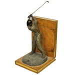 Detailed Brass Figural Golfer Bookend on Strokes of Genius & Hole In One - Pre-Swing