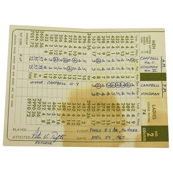 1967 Peter Tufts Officials Scorecard Pinehurst North/South Amateur Campbell/Hyndman Battle  JSA ALOA