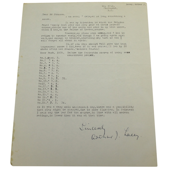 Arthur Lacey (1933 & 1937 Ryder Cupper and 1951 Team Captain) Signed Letter JSA ALOA