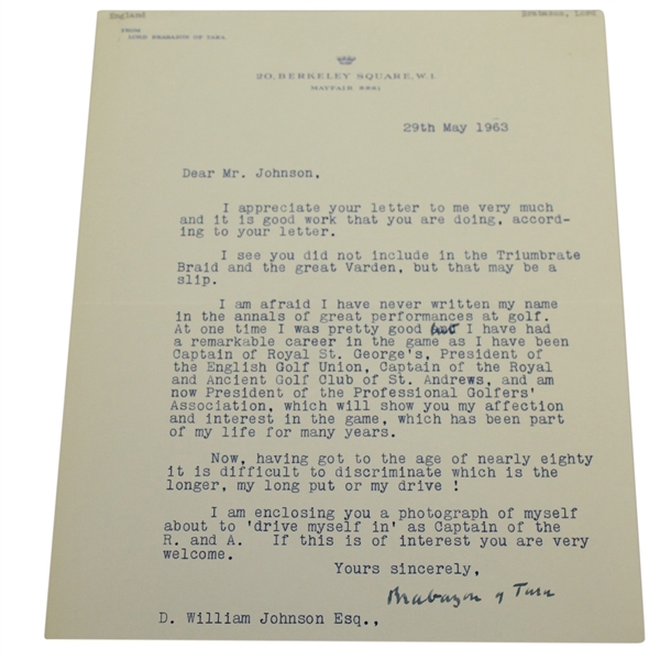 Lord Brabazon of Tara (D-1964) Captain of the R&A Golf Club Signed Letter JSA ALOA