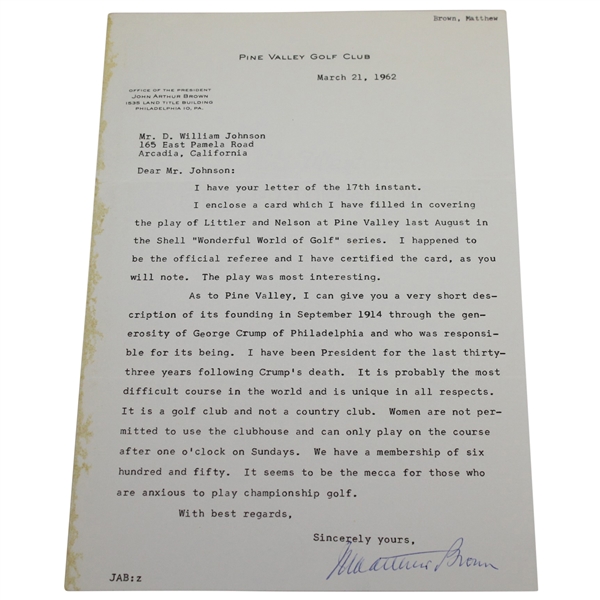 John Arthur Brown Signed Letter - President of Pine Valley G.C. for Half Century- Club Content- JSA ALOA