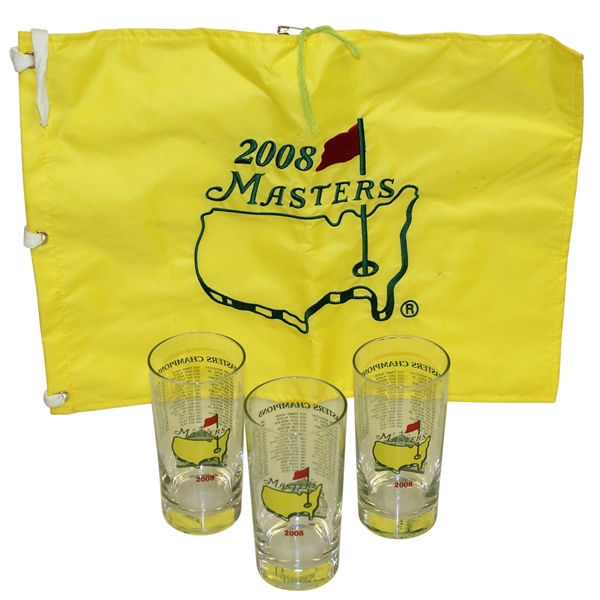 2008 Masters Flag with Three 2008 Masters Tournament Winners Commemorative Glasses