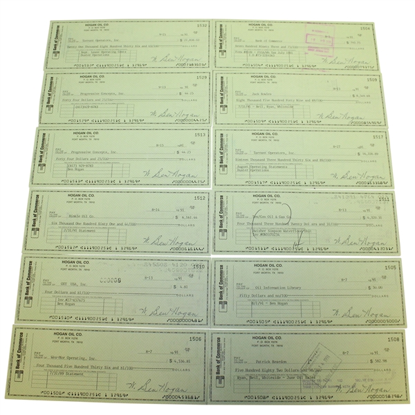 Twelve Ben Hogan Signed W. Ben Hogan Hogan Oil Co. Checks - 1991 FINAL OPPORTUNITY JSA ALOA