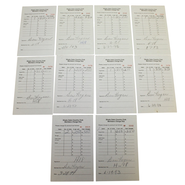 Ten Ben Hogan Signed Shady Oaks Country Club Members Charge Slips JSA ALOA