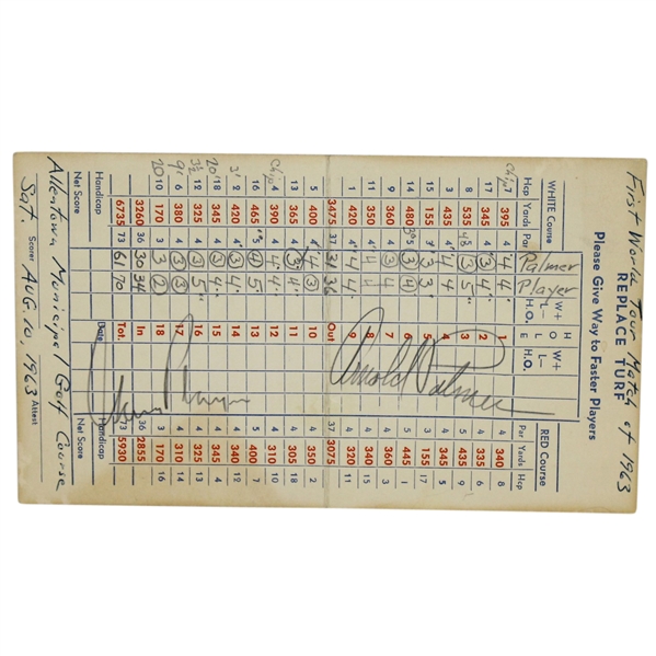 Arnold Palmer & Gary Player Signed 1963 Exhibition Match Scorecard - Palmer Shot 61 JSA ALOA