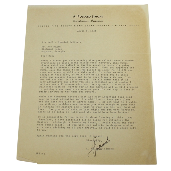 A. Pollard Simons Letter to Ben Hogan - Ben Hogan Club Decals and The Masters