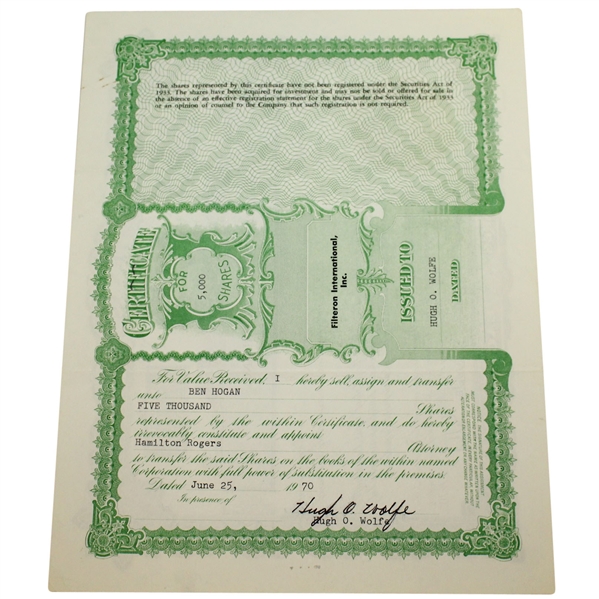 Ben Hogans 1970 Filteron International, INC. Stock Certificate