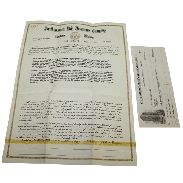 Ben Hogans Real Estate Note and Fort Worth National Bank Check