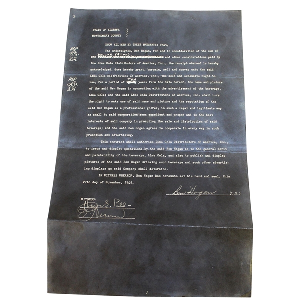 Copy of Ben Hogan 1945 Agreement with Lime Cola Distributors of America