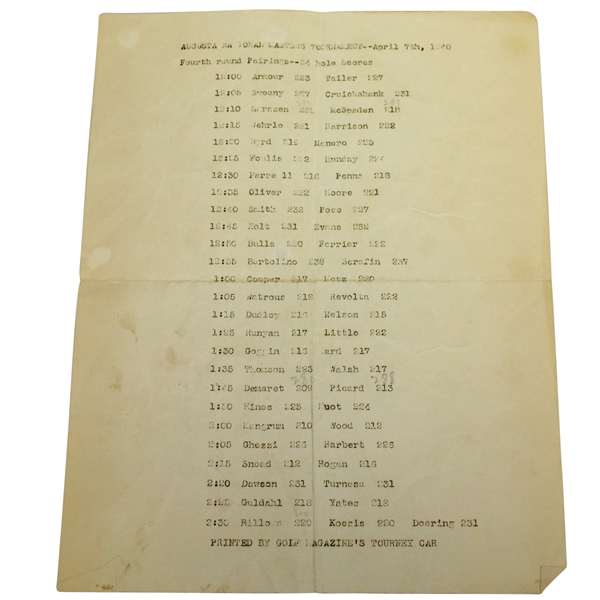 1940 Masters Tournament Sunday 4th Round Pairings Sheet