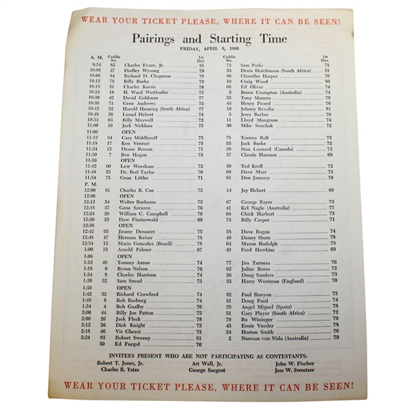 Deane Bemans 1960 Masters Tournament Friday Pairing Sheet - Arnold Palmer Win