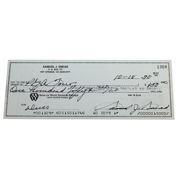 Sam Snead Signed 1990 Personal Check to the PGA Tour JSA ALOA
