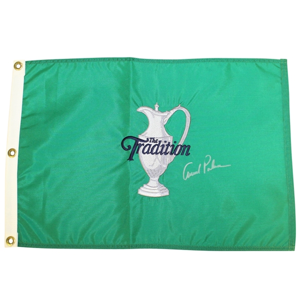 Arnold Palmer Signed The Tradition Green Embroidered Flag in Silver JSA ALOA