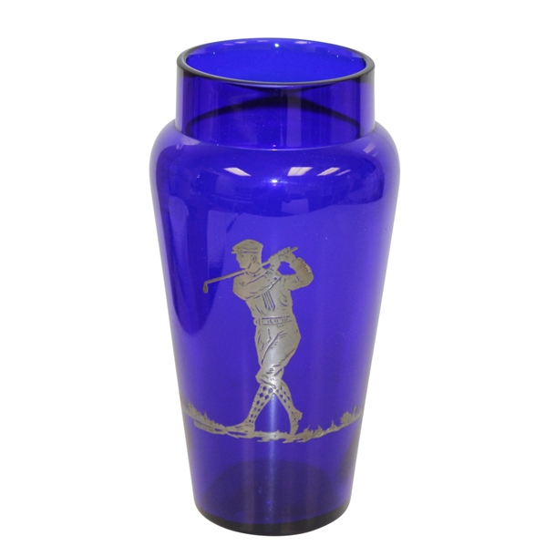 Hawkes Co Cobalt Blue Vase w/ Sterling Golf er Overlay